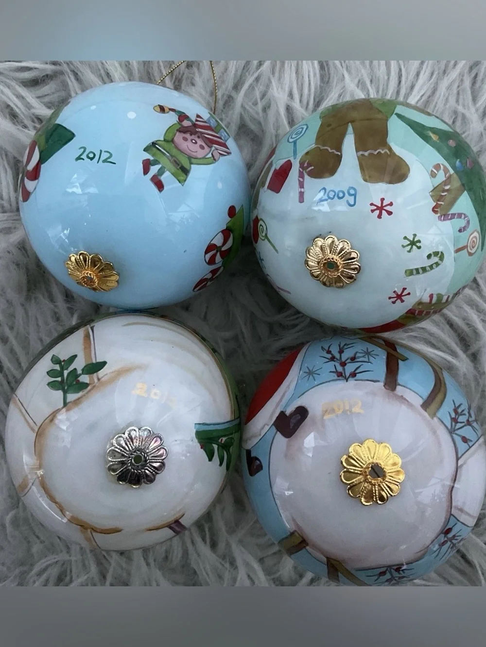 Vintage Pier 1 Li Bien Reverse Painted Glass Christmas Ornaments Set 4 Santa Elf